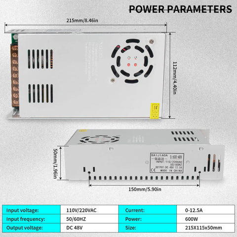 Power parameters of 600W power supply for Beefy Air Cooled DC Brushless Spindle Motor Kit For CNC Router, showing dimensions and input details.
