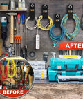 Heavy Duty Cord Wrap Straps Kit For Garage Organization And Tool Storage On Wall With Before And After Comparison