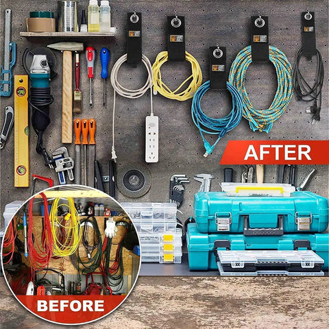 Heavy Duty Cord Wrap Straps Kit For Garage Organization And Tool Storage On Wall With Before And After Comparison