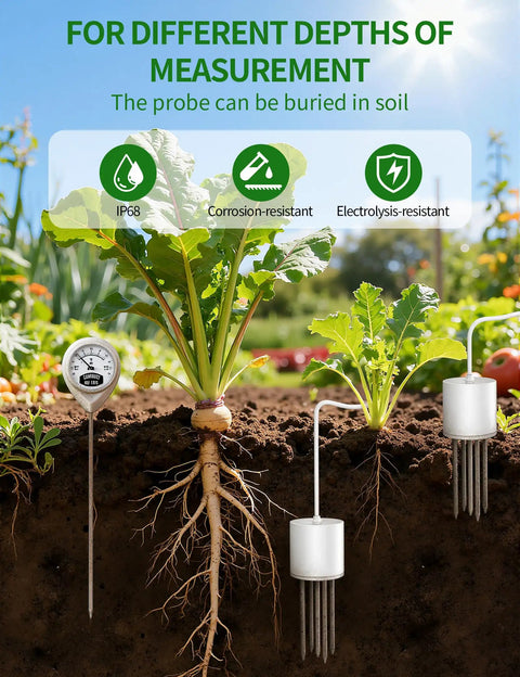 Seven In One Digital Soil Test Kit with PH Sunlight Fertility Soil and Air Temperature Humidity Meter in soil with vegetable plants