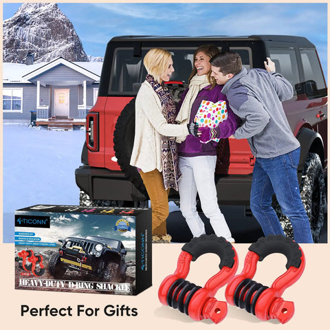 Family with SUV showcasing Beefy Two Pack D Ring Shackle 7/8 Inch Screw Pin 57,000 Lbs Break Strength Red and Black