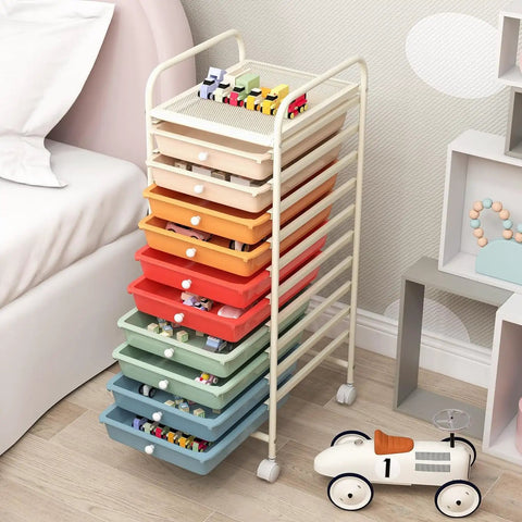 Rolling Utility Cart With Ten Drawers, Lockable Wheels, Easy Grab Handles, And Mega Mobility For Home Office, Classroom, And Workshop Storage, Large Capacity Organizer For Paper, Toys, Crafts, And More in a bedroom setting.
