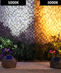 Rock Solar Garden Lights With Hella Bright LEDs Solar Powered Landscape Lighting for pathways illustrating warm and cool light modes.