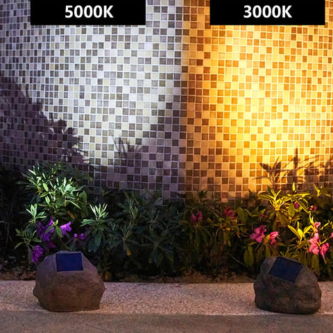 Rock Solar Garden Lights With Hella Bright LEDs Solar Powered Landscape Lighting for pathways illustrating warm and cool light modes.