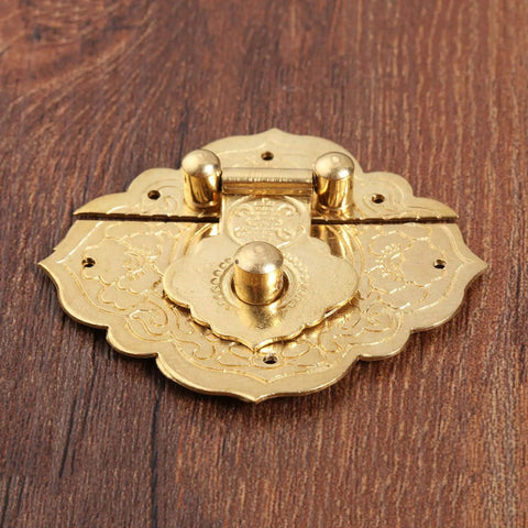 Antique Gold Box Hasp Latch 54x46mm sturdy brass key hasp lock detailed view on wooden surface for furniture hardware