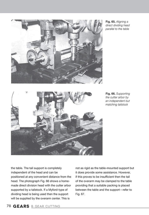 Gears and Gear Cutting for Home Machinists book page showing two black-and-white photos of a lathe gear-cutting setup.