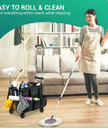 Heavy Duty Rolling Cleaning Caddy On Wheels With Detachable Trolley And Lid shown in living room with cleaning supplies