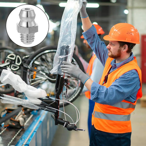 Worker assembling bicycle with Six Pack Stainless Steel M6 X 1mm Straight Grease Fittings Zerk Nipples for machinery use.