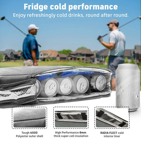 Hidden Golf Bag Cooler With Ice Pack Insulated Six Can Beer Sleeve shown with detailed material features.