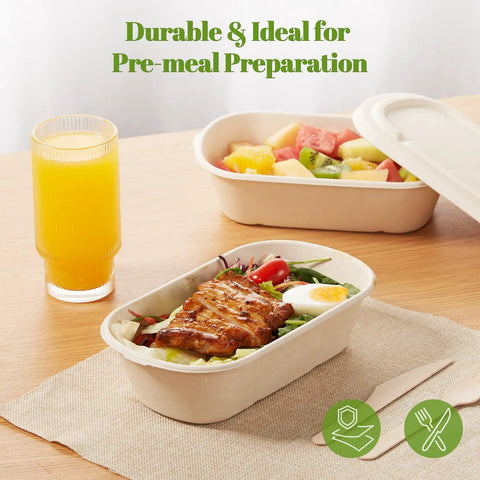34 Oz Sugarcane Pulp Takeout Containers With Lids Eco Friendly Plastic Free Biodegradable Compostable Microwave Safe To Go Boxes For Meal Prep Pack Of 50 with salad and juice