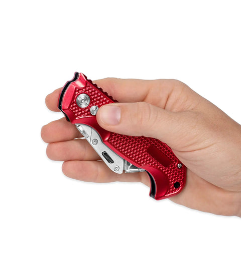 Hand holding Retractable Utility Knife Set With Heavy Duty Razor Blade And 3 Extra Blades Refills, red metal body