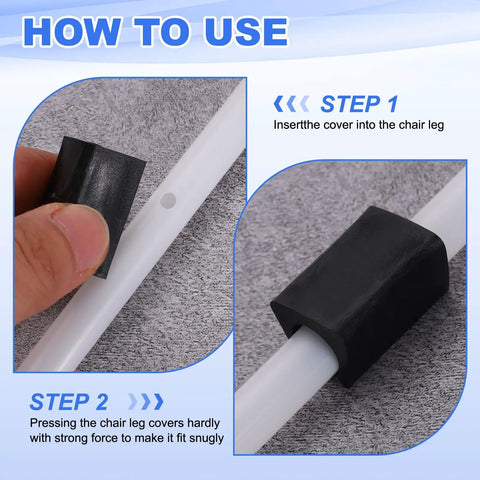 How to use 16 Piece Black Office Chair Leg Caps With Nails Smooth Glide Floor Protectors Fitting 0.47 Inch Metal Tubes shown in two steps.