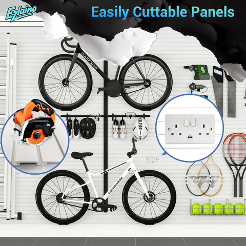 Dang Tough Four By Eight Slatwall Panel Kit With Quick Snap Lock Pvc Garage Wall Organizer And Rock Solid Extra Durable Waterproof Workshop Storage System mounted with bikes and tools.