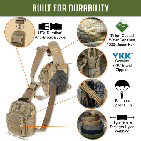 Streetwise EDC Tactical Sling Bag With Discreet Concealed Carry Pocket And PALS Modular Straps crafted from heavy duty khaki nylon features.