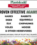 Proven effective against garden pests image with hares, deer, elk, voles, rabbits, squirrels, chipmunks, and moose listed.