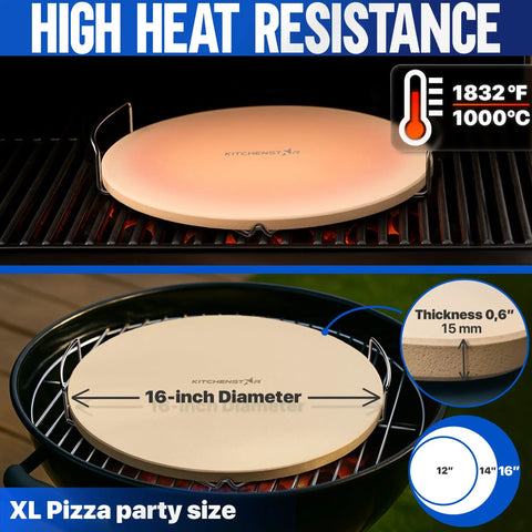 16 Inch Pizza Stone For Oven And Grill With Handles Round Five Eighth Inch Thick Cordierite Baking Stone on grill