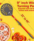 Front view of TKC 9-inch perforated aluminum pizza peel with red handle and extendable shaft (32-48 in).