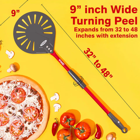 Front view of TKC 9-inch perforated aluminum pizza peel with red handle and extendable shaft (32-48 in).