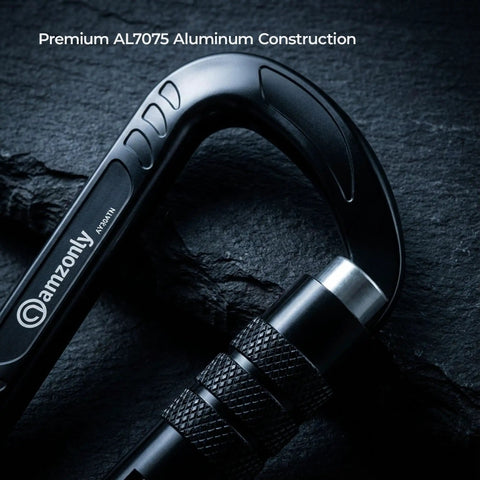 Close-up of 3 Inch Auto Locking Carabiner Clip Heavy Duty Beefy 12kN Strength 2697 Lbs, made of premium AL7075 aluminum.