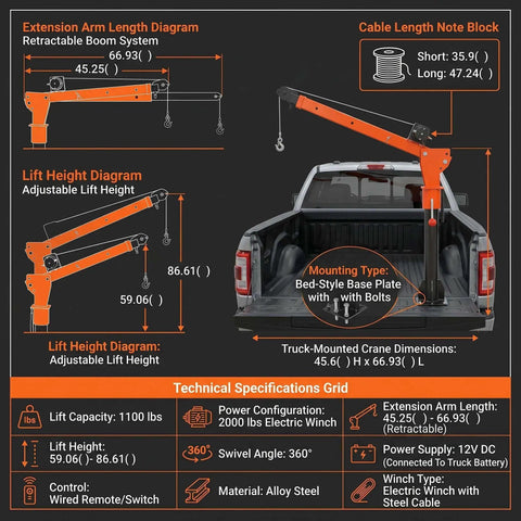 Diagram of Beefy Truck Engine Hoist with Electric Winch and 2000 lb Load Capacity showing dimensions and features