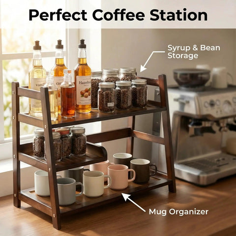 3 Tier Bamboo Matcha Station Organizer For Kitchen Countertop And Tea Bar with syrups, jars, and mugs, front view