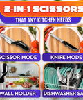 2 In 1 Kitchen Scissors For Food With Stainless Steel Blade And Plastic Cutting Board Safety Lock in scissor and knife mode, wall holder, dishwasher safe