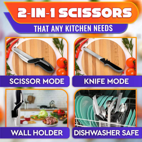 2 In 1 Kitchen Scissors For Food With Stainless Steel Blade And Plastic Cutting Board Safety Lock in scissor and knife mode, wall holder, dishwasher safe