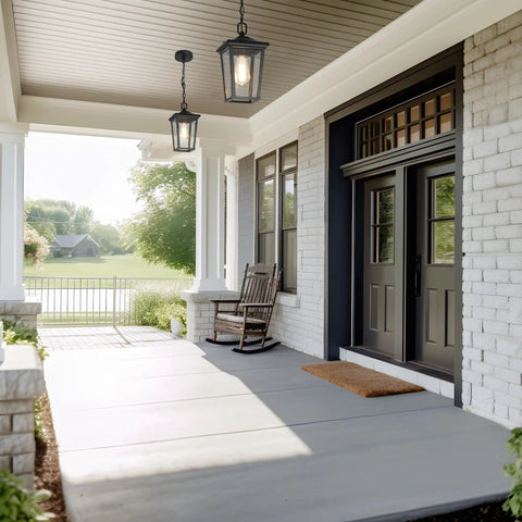 Straight Up Farmhouse Outdoor Pendant Light With Clear Glass Shade And Rust Proof Metal Frame Killing It As A Heavy Duty Hanging Lantern Top Shelf Pick For Porches Entryways And Gazebos In Sleek Matte Black, displayed on porch with rocking chair.