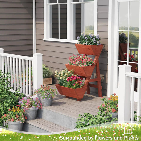 Three Tier Vertical Garden Bed Planter For Indoor And Outdoor Use With Legs Raised Planter Box placed on a patio with flowers