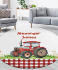 Farm Tractor Round Rugs For Bedroom And Living Room Soft Flannel Circle Carpet Machine Washable And Non Slip Backing Red Checkered Design Cozy Nursery And Dorm Decor 80CM displayed in a living room with couches and plants.