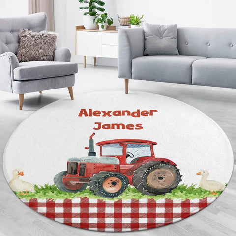 Farm Tractor Round Rugs For Bedroom And Living Room Soft Flannel Circle Carpet Machine Washable And Non Slip Backing Red Checkered Design Cozy Nursery And Dorm Decor 80CM displayed in a living room with couches and plants.