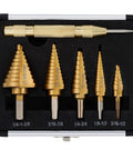 Titanium Coated Step Drill Bit Set With Automatic Center Punch For Sheet Metal 50 Sizes Across 5 High Speed Steel Bits