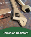 Non Sparking Non Magnetic 6 Inch Adjustable Wrench Built From Aluminum Bronze For Hazardous Environments ATEX Ready TUV Certified And Beryllium Free Corrosion Resistant Tool Perfect For Electrical Petrochemical And Industrial Maintenance Jobs with hammer on metal surface