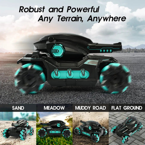 Side view of a hand controlled RC tank that shoots BBs and water bullets, 2.4GHz gesture sensor remote for 8-year-old boys.