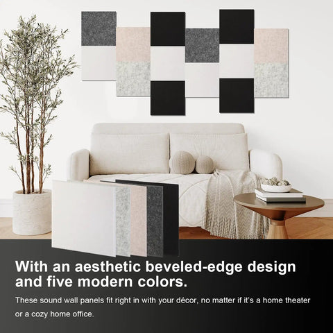 High Density Polyester Acoustic Wall Panels Kick Echo To The Curb With These Smooth Soundproofing Tiles Perfect For Home Studio Office And Gaming Setup Breeze To Install Gray 12 Pack displayed in a stylish living room setting.