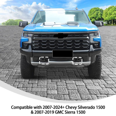 Front view of blue 2007-2024+ Chevy Silverado 1500 on stone pavement with tow hook area visible