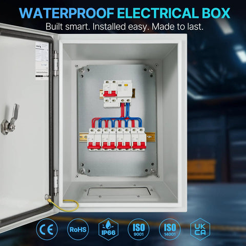 Tough As Nails NEMA 4X Steel Electrical Enclosure Box 16X12X8 with open door showing internal wiring setup.
