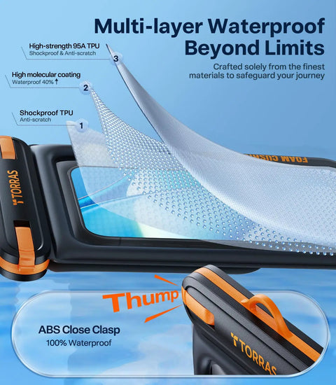 Materials of IP68 Waterproof Phone Pouch With Dual Pockets And Lanyard Floating Dry Bag, highlighting shockproof and waterproof layers.