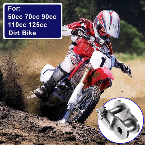 4 PCS #60 Roller Chain Offset Half Links For Motorbike Dirt Bike ATV shown with dirt bike in action, highlights durable metal parts and use.
