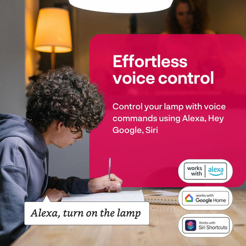 Person using voice control with smart lamp in a room, compatible with Alexa, Google Home, and Siri; Zigbee Smart Plugs 2-Pack For Home Automation That Plays Nice With Philips Hue Alexa And SmartThings Built-In Zigbee Repeater Real-Time Energy Monitoring Quick Scheduling Remote Control.