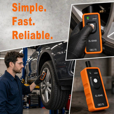 Pro TPMS Reset Tool For Fast Tire Pressure Sensor Activation And One Button Relearn Designed For Most Vehicles in use during tire check.