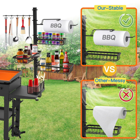 Griddle Caddy Organizer For Outdoor Grilling, Upgraded Utensil And Condiment Caddy With Paper Towel Holder, installed on garden grill