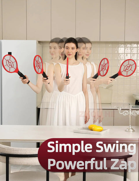 Woman using a red electric fly zapper in a kitchen, demonstrating the 2 Pack Electric Fly Zapper Rackets Handheld Bug Swatters Red And Blue Battery Powered For Mosquitoes And Flies With Safe Protective Mesh No Spray Indoor And Outdoor Use Batteries Not Included.