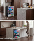 Under Counter Beverage Refrigerator With Glass Door 24 Inch 180 Can Beer Cooler, Temperature Range 34-54 Degrees Fahrenheit, Built-In Drink Fridge For Bar Office Home Kitchen installed in kitchen.