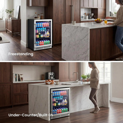 Under Counter Beverage Refrigerator With Glass Door 24 Inch 180 Can Beer Cooler, Temperature Range 34-54 Degrees Fahrenheit, Built-In Drink Fridge For Bar Office Home Kitchen installed in kitchen.