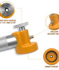 Oil Sampling Pump That Makes Oil Analysis Quick And Safe No Fuss Vacuum Release Valve For Spill Free Sampling Fits 5/16 Inch, 1/4 Inch And 3/16 Inch Hoses Made In USA, close-up of vacuum valve and hose compatibility.