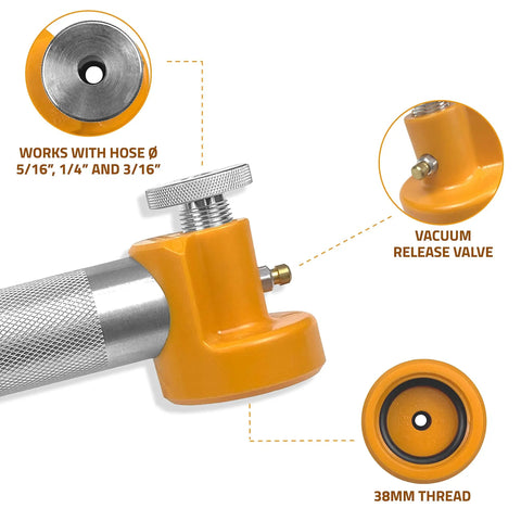 Oil Sampling Pump That Makes Oil Analysis Quick And Safe No Fuss Vacuum Release Valve For Spill Free Sampling Fits 5/16 Inch, 1/4 Inch And 3/16 Inch Hoses Made In USA, close-up of vacuum valve and hose compatibility.