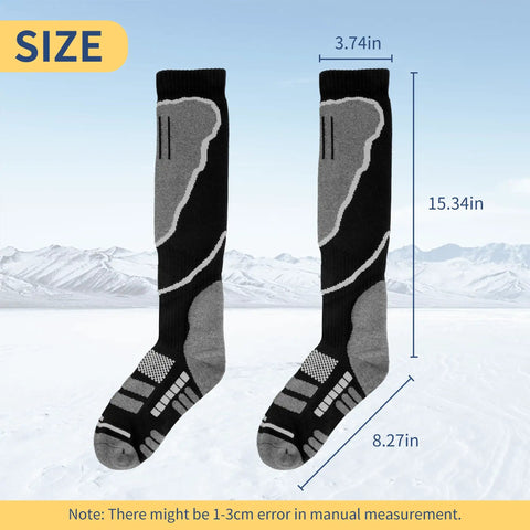 Winter Ski Socks For Men And Women Warm Thick Breathable Cold Weather Thermal Knee High Socks For Snowboarding And Hiking Stay Toasty All Day Ultra Warmth, black and gray knee-high with size dimensions