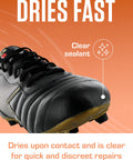 Black shoe with Original Shoe Goo Clear Adhesive for fast repairs, highlighting clear sealant on toe, dries in 24 hours.