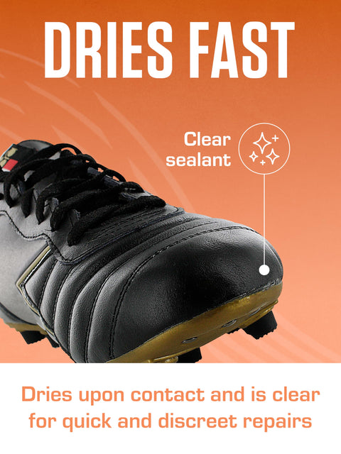 Black shoe with Original Shoe Goo Clear Adhesive for fast repairs, highlighting clear sealant on toe, dries in 24 hours.